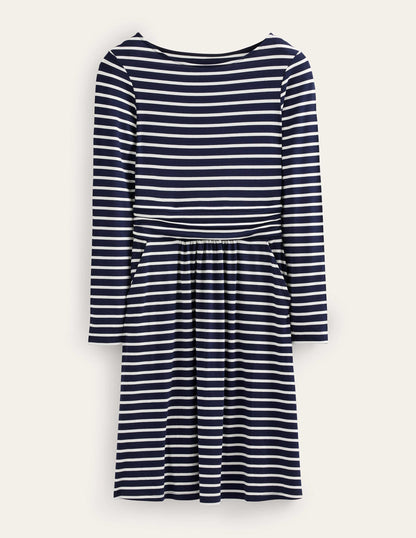 Abigail Jersey Dress-Navy, Ivory Stripe
