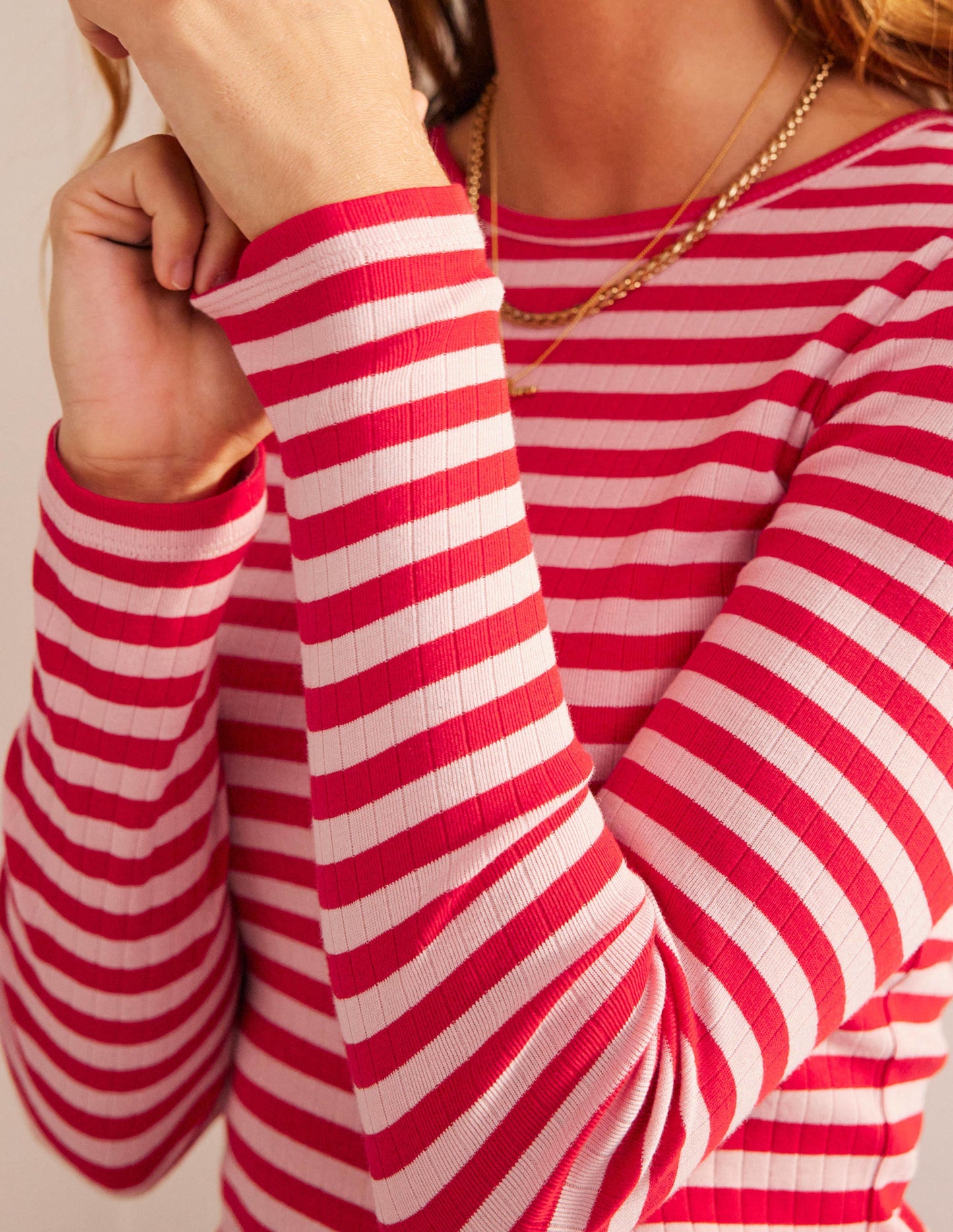 Anna Rib Crew T-Shirt-Peach Skin, Hot Pepper Stripe