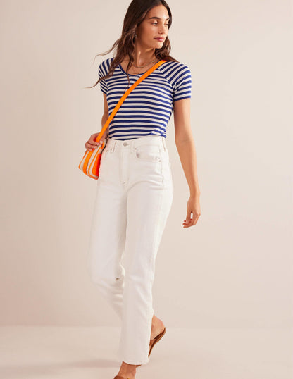 Anna Rib V-Neck T-Shirt-Lapis Blue, Ivory Stripe