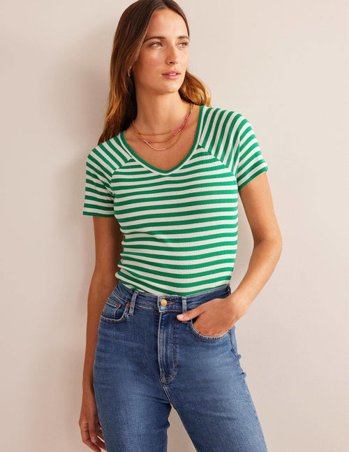 Anna Rib V-Neck T-Shirt-Meadow Green, Ivory Stripe