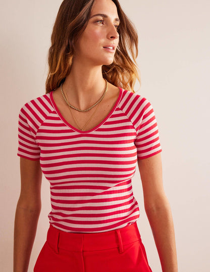 Anna Rib V-Neck T-Shirt-Peach Skin, Hot Pepper Stripe