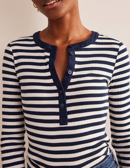 Anna Rib Henley T-Shirt-Navy, Ivory