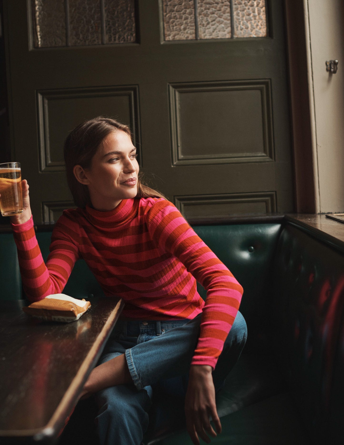Anna Rib Roll Neck Top-Bright Rust, Vibrant Pink
