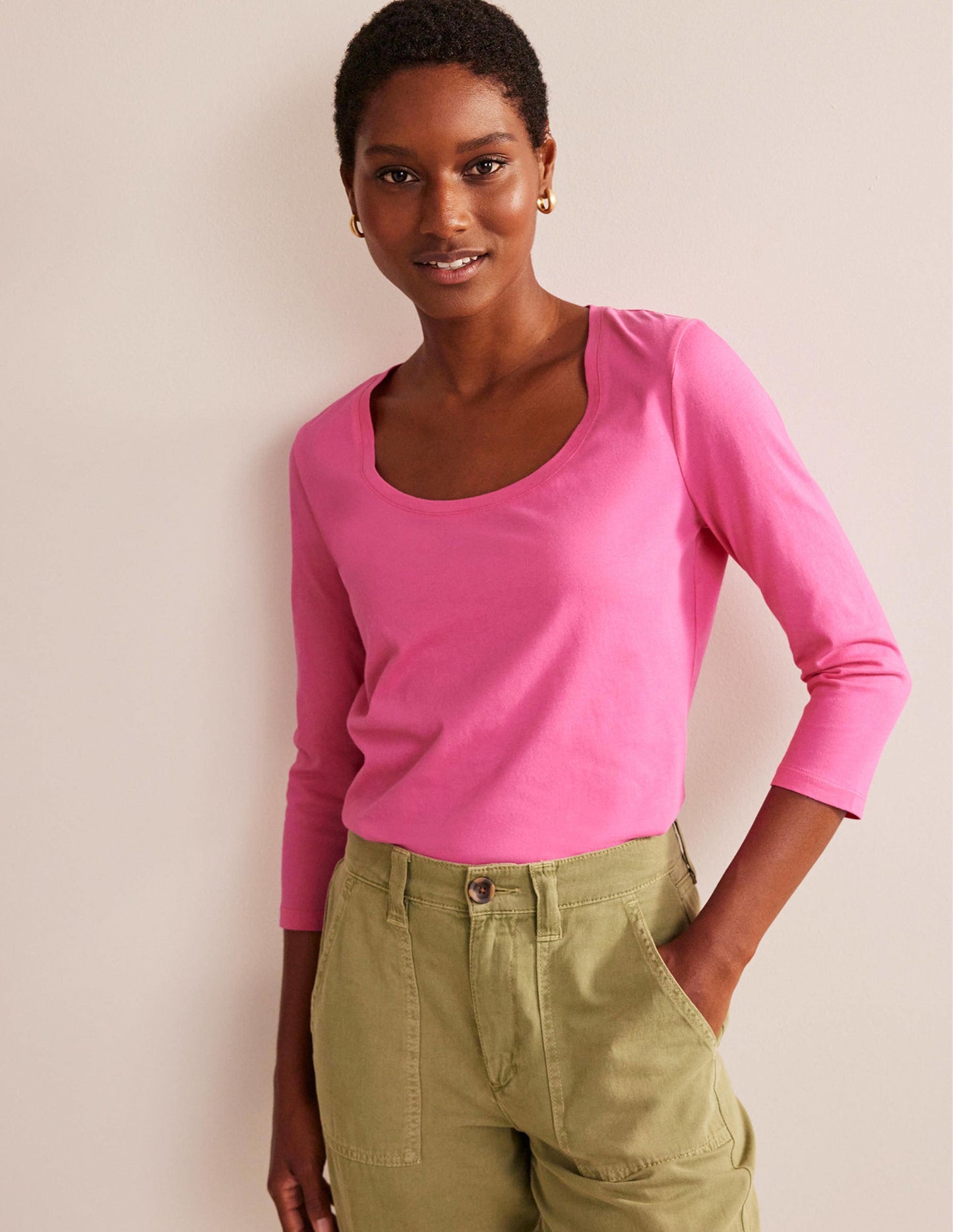 3/4 Sleeve Scoop Neck Top-Pink