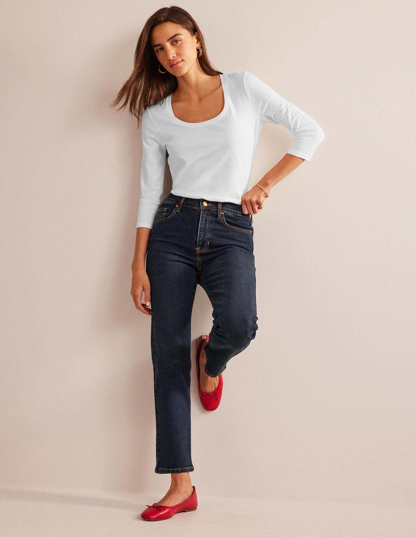 3/4 Sleeve Scoop Neck Top-White