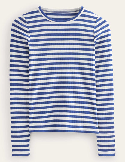 Anna Rib Crew T-Shirt-Lapis Blue, Ivory Stripe