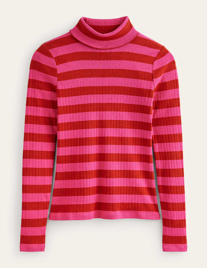 Anna Rib Roll Neck Top-Bright Rust, Vibrant Pink