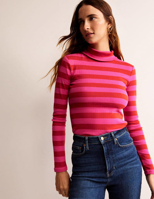 Anna Rib Roll Neck Top-Bright Rust, Vibrant Pink