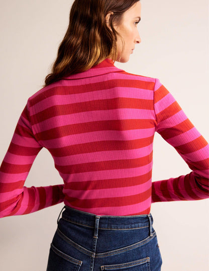 Anna Rib Roll Neck Top-Bright Rust, Vibrant Pink