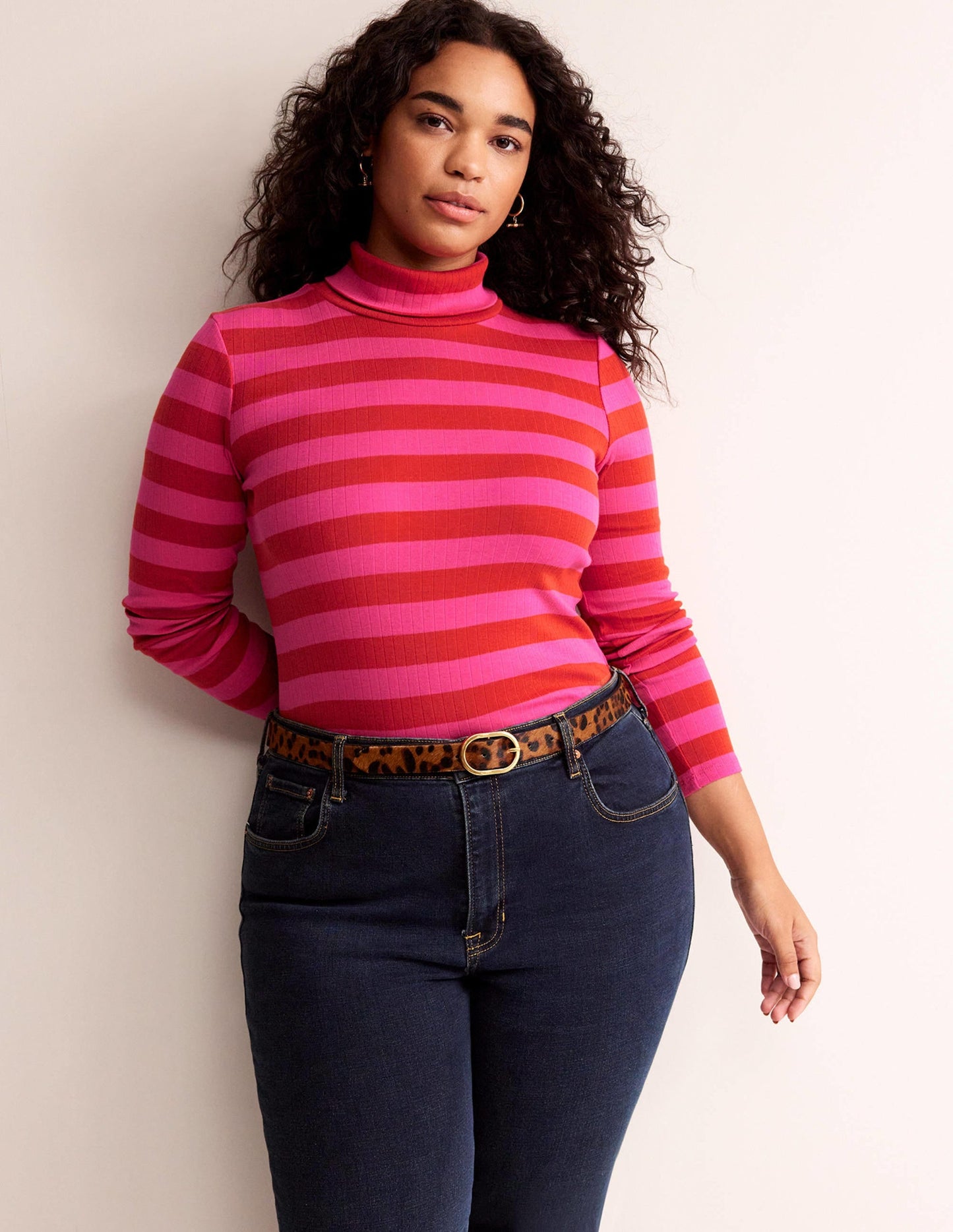 Anna Rib Roll Neck Top-Bright Rust, Vibrant Pink