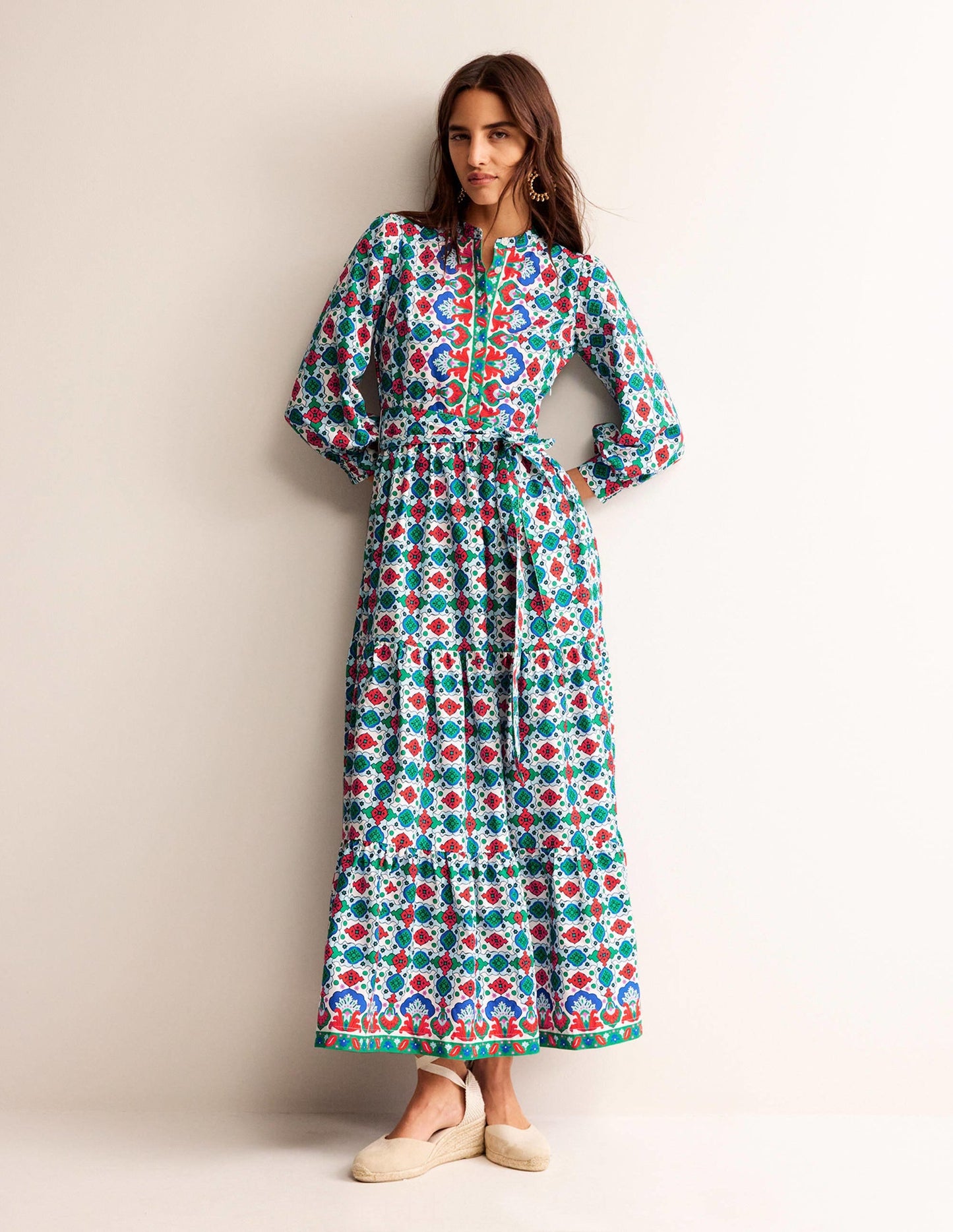 Alba Tiered Cotton Maxi Dress-Multi, Coastal Tile