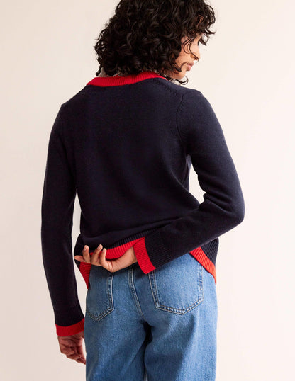 Alma Contrast Trim Cardigan-Navy, Post Box Red