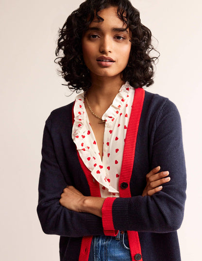 Alma Contrast Trim Cardigan-Navy, Post Box Red