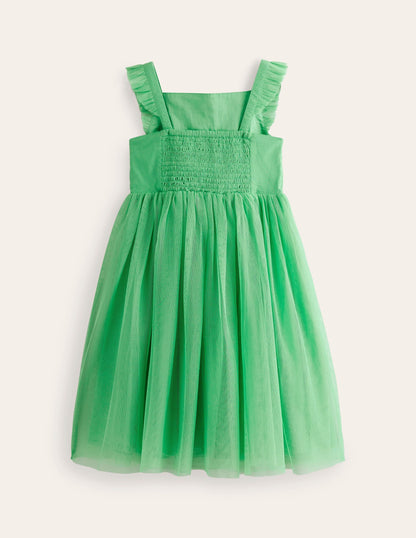 Appliqué Tulle Dress-Pea Green Flowers