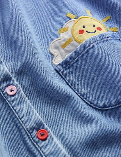 Appliqué Shirt Dress-Mid Vintage Denim Weather