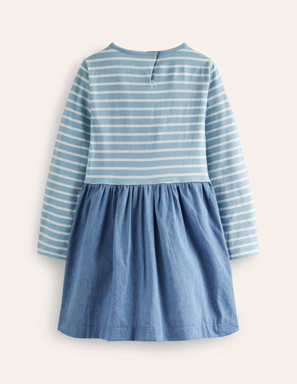 Appliqué Hem Logo Dress-Chambray Blue Horses