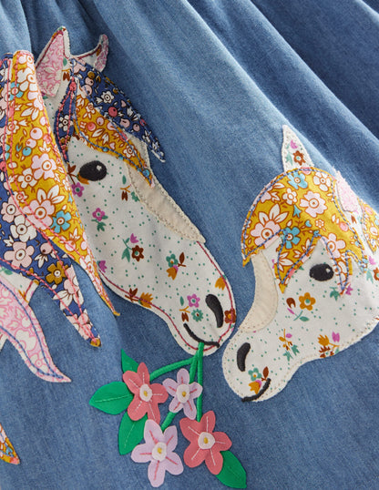 Appliqué Hem Logo Dress-Chambray Blue Horses