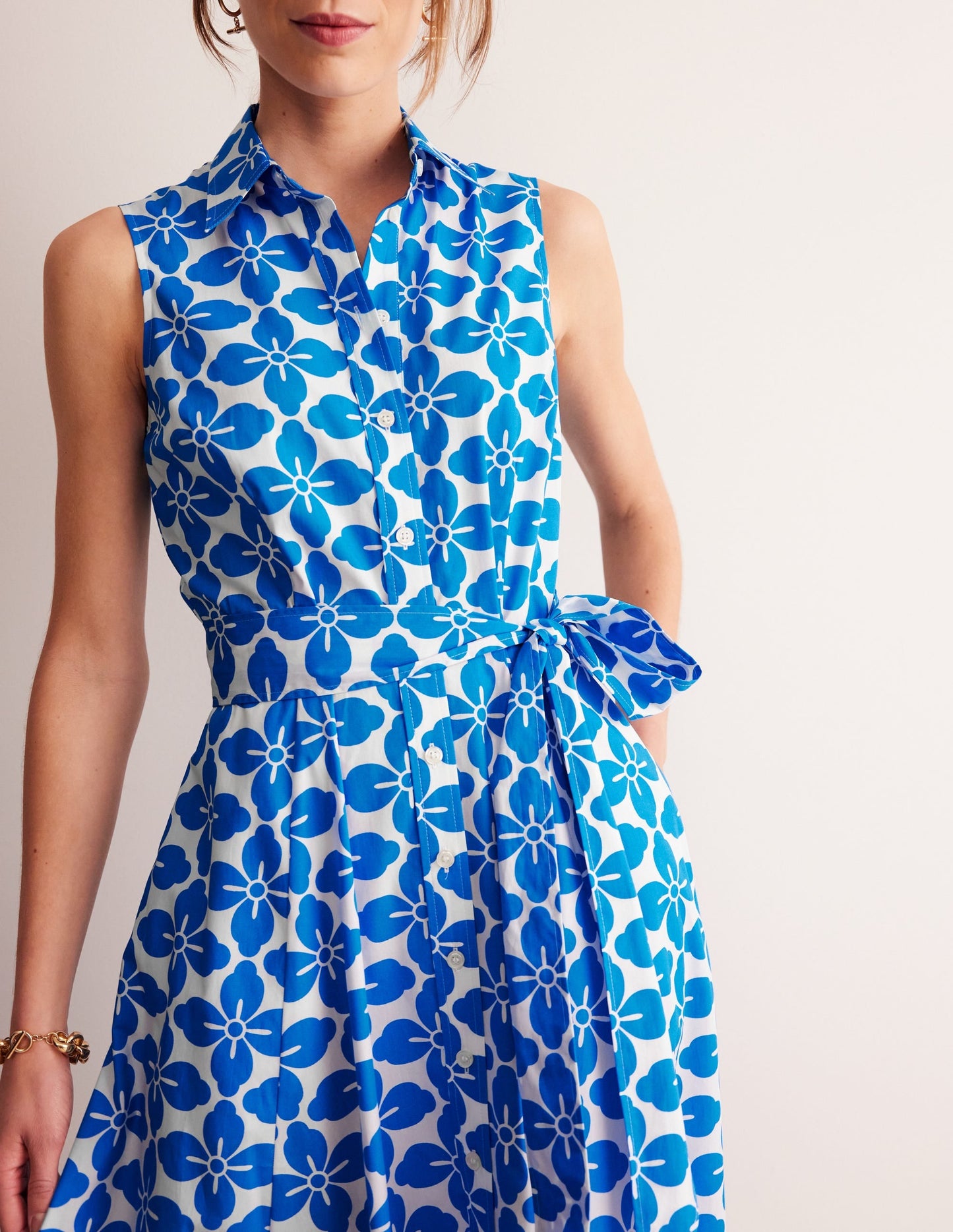 Amy Sleeveless Shirt Dress-Indigo Bunting, Floral Tile