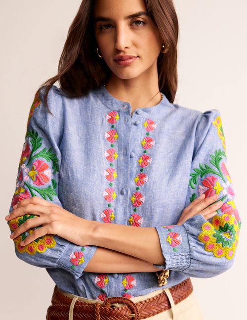Ava Embroidered Top-Chambray