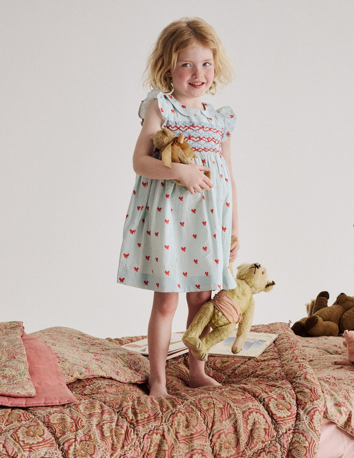Adeline Smocked Dress-Glacier Blue Spaced Tiny Bows