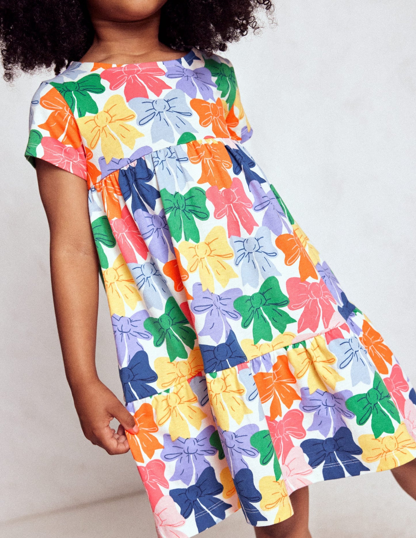 Ariel Twirly Jersey Dress-Multi Rainbow Bows