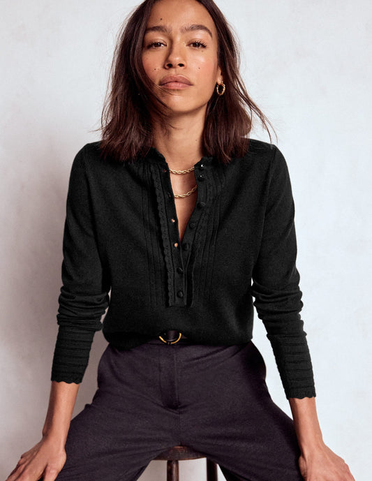 Angela Cotton Scallop Sweater-Black