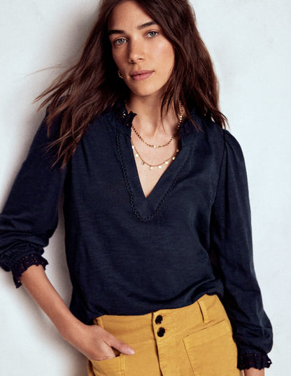 Aria Broderie Notch Neck Top-Navy