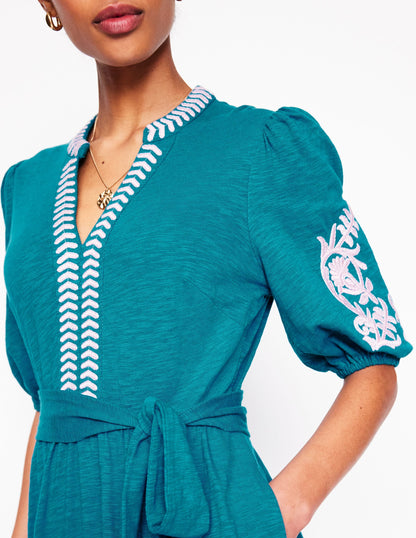 Amara Embroidered Jersey Dress-Deep Sea, Meadowsweet Pink