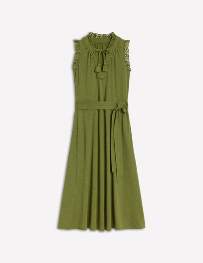 Aria Broderie Trim Midi Dress-Deep Olive