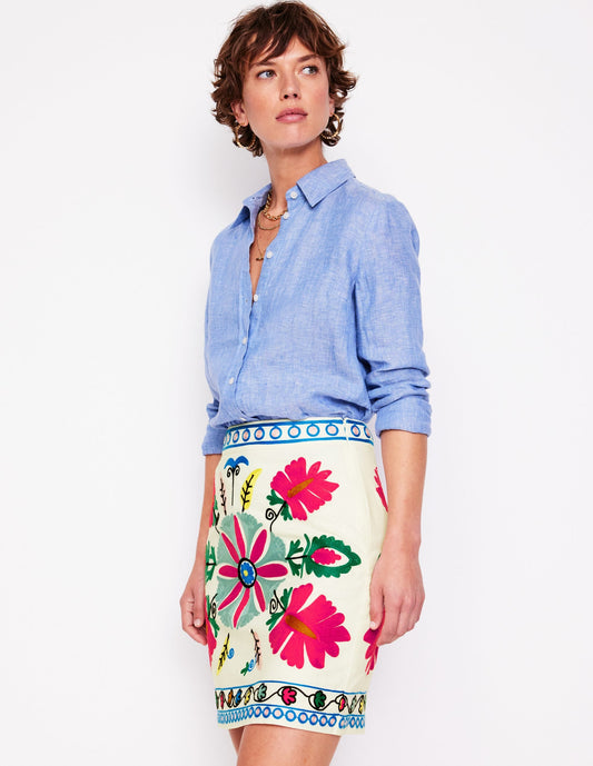 Aline Embroidered Linen Skirt-Ivory Embroidery