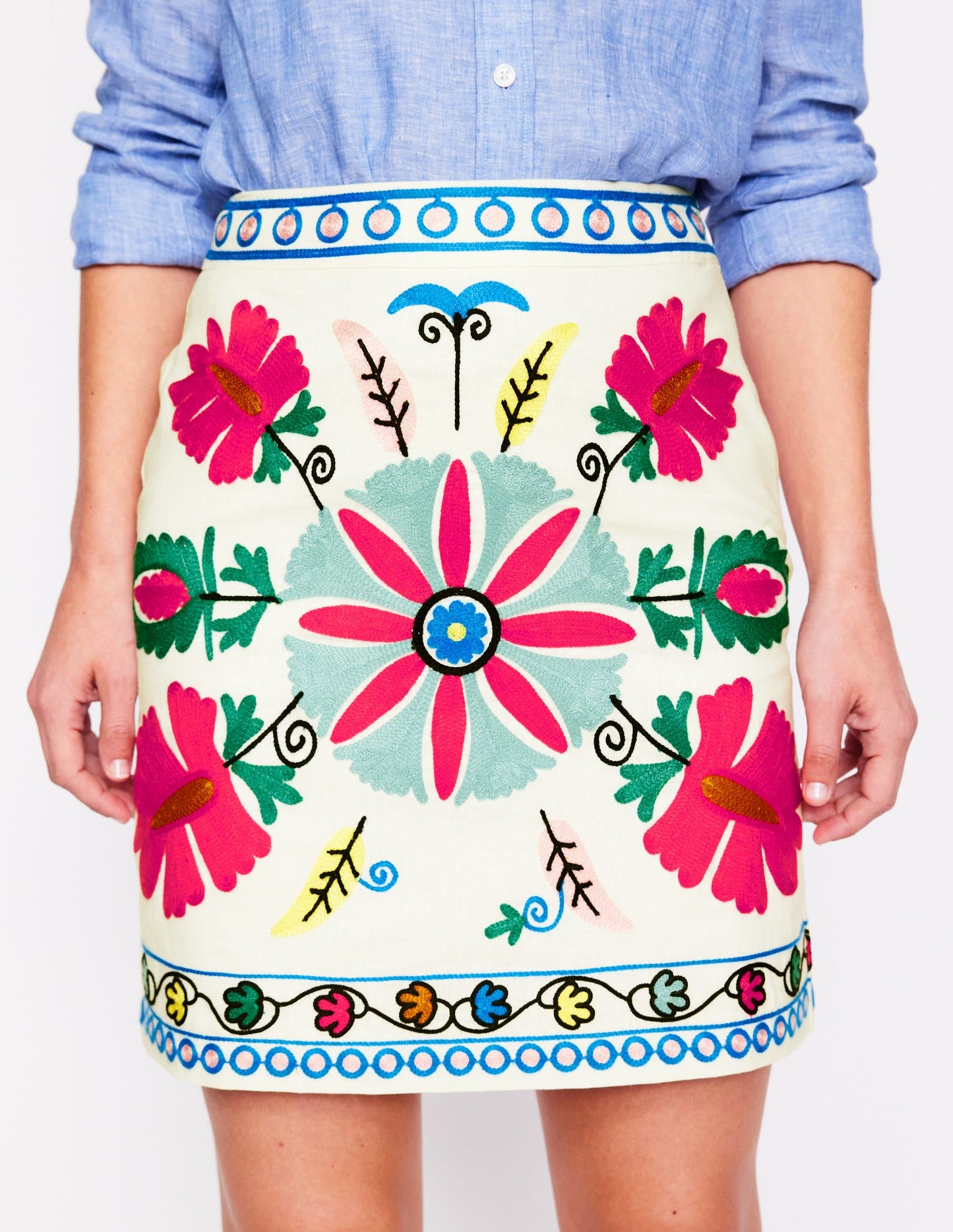 Aline Embroidered Linen Skirt-Ivory Embroidery
