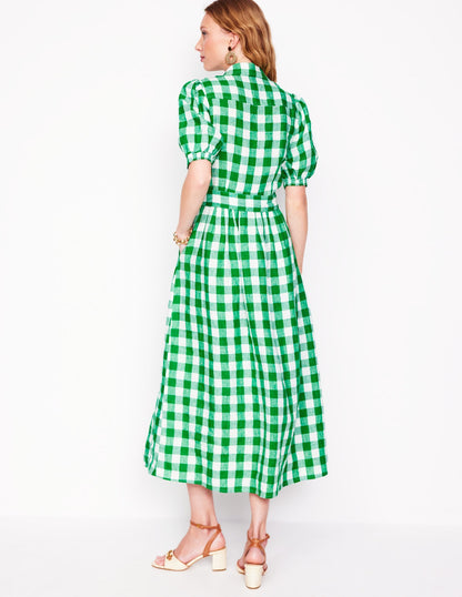 Alexa Linen Maxi Shirt Dress-Rich Emerald Gingham