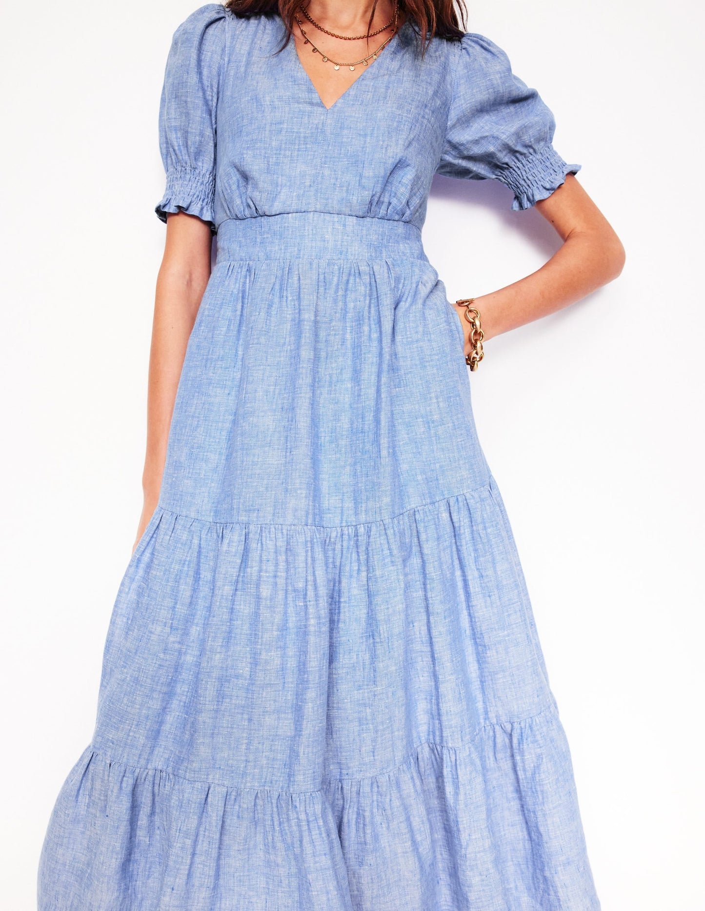 Anna Linen Tiered Midi Dress-Summer Blue Chambray