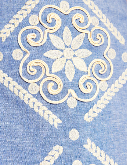 Aline Embroidered Linen Skirt-Grey Blue Chambray