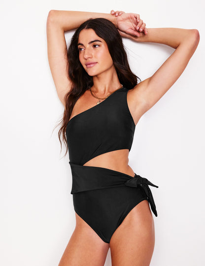 Asym Cut Tie Swimsuit-Black