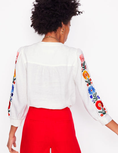Alicia Linen Top-White, Floral Embroidery