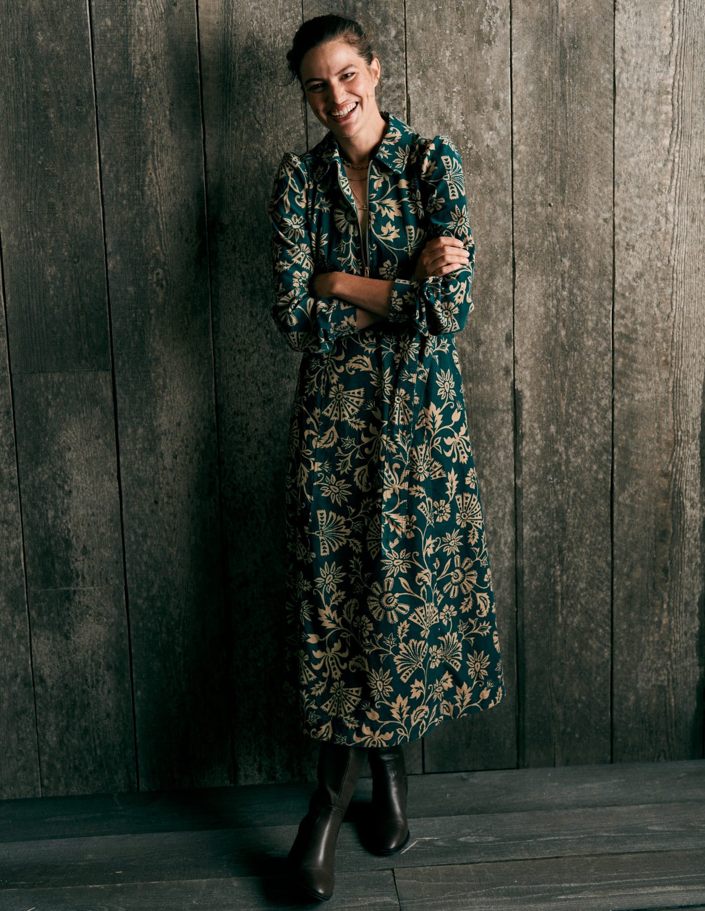 Adelaide Zip Cord Midi Dress-Emerald Night, Elaborate Vine