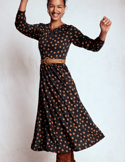 Alexandra Jersey Midi Dress-Black, Tortoise Shell Dot