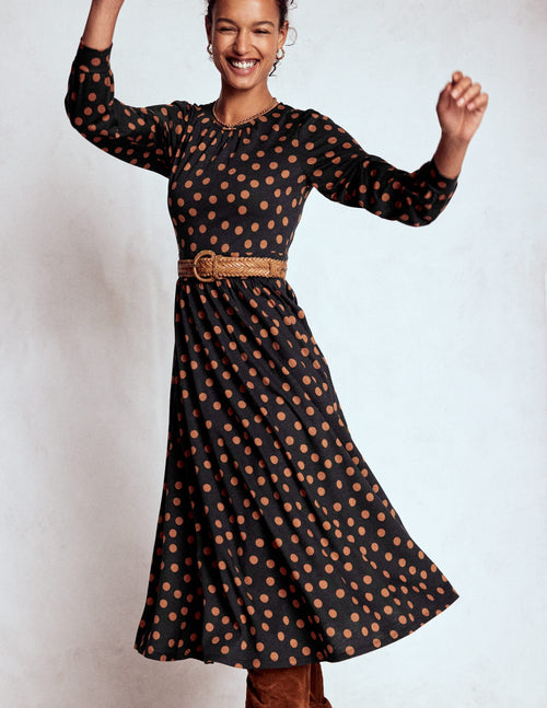 Alexandra Jersey Midi Dress-Black, Tortoise Shell Dot