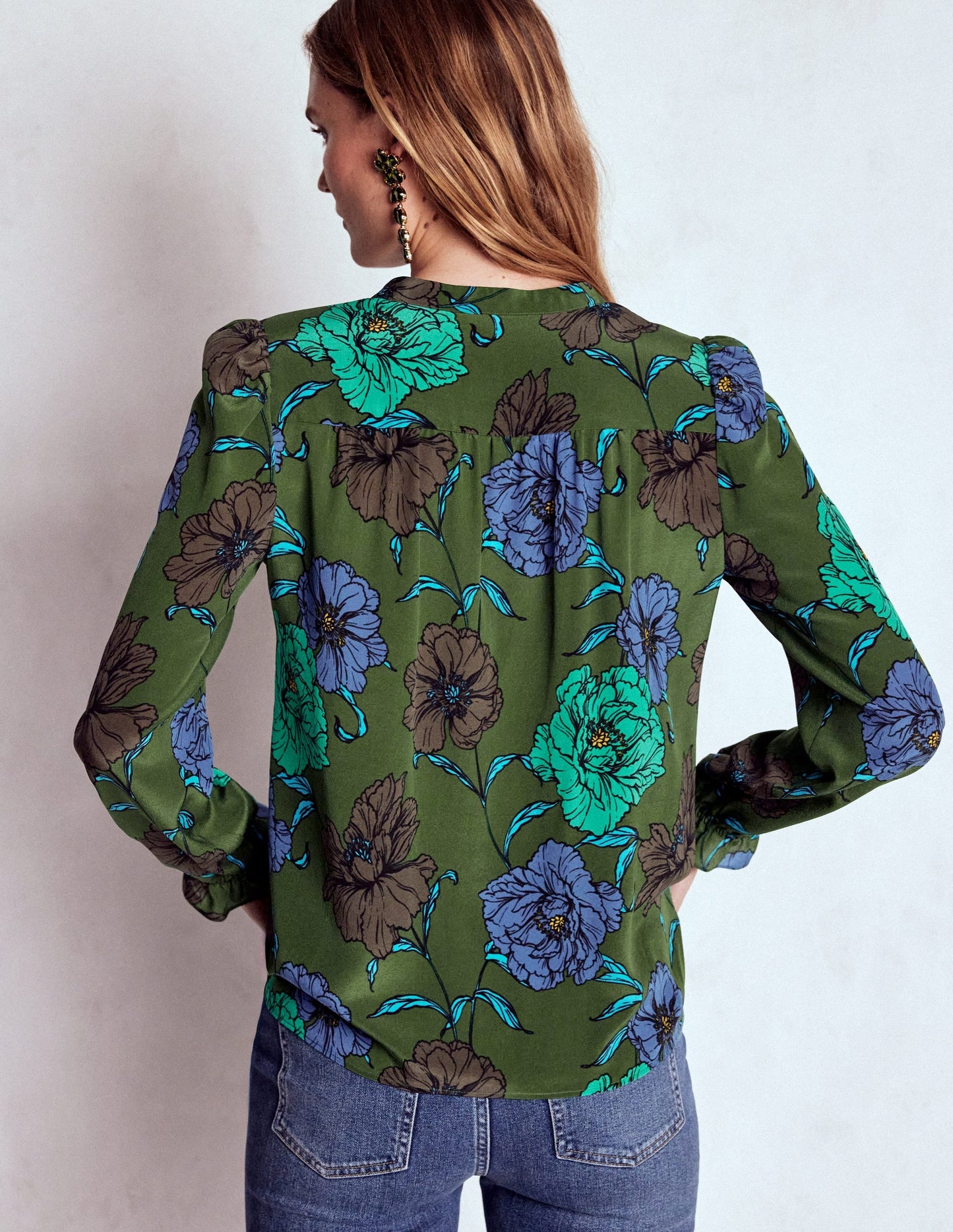 Alice Frill Front Silk Top-Green, Peony Bloom
