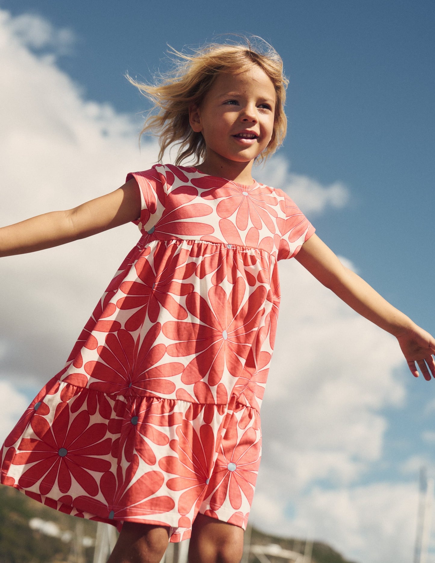 Ariel Twirly Jersey Dress-Coral Orange Giant Daisy