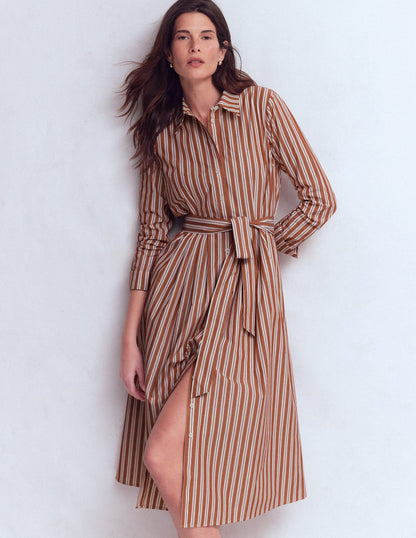 Alexa Cotton Midi Shirt Dress-Rich Chestnut Stripe