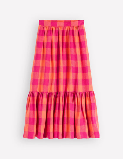 Abigail Linen Maxi Skirt-Zesty Orange, Pink Gingham