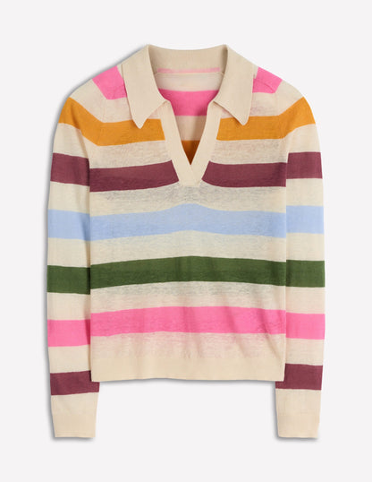 Agnes Collared Linen Jumper-Ivory, Pink, Green Multistripe