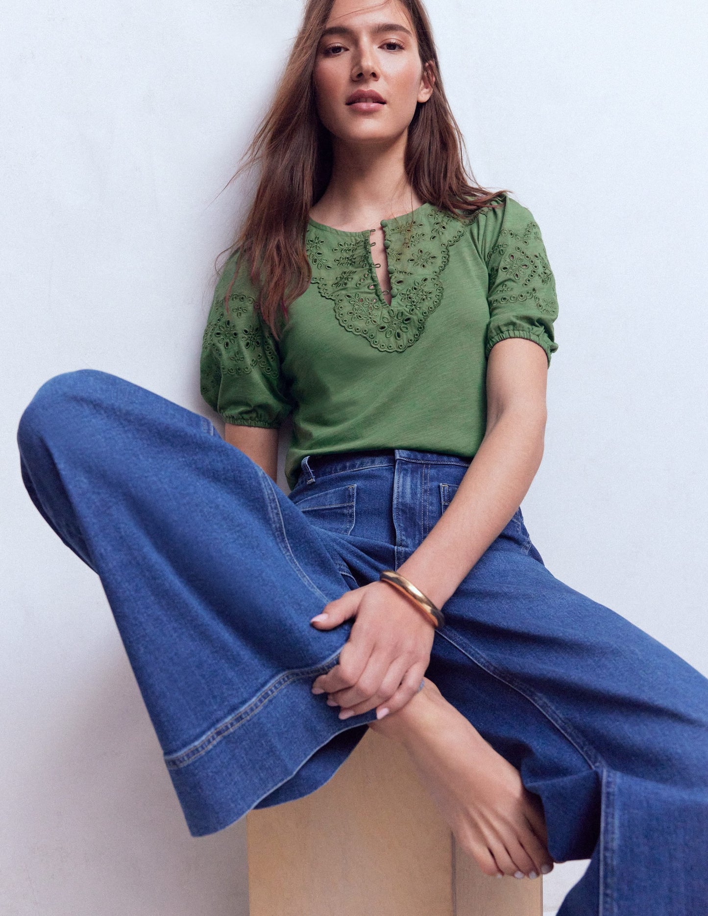 Ada Broderie Mix Top-Willow Green