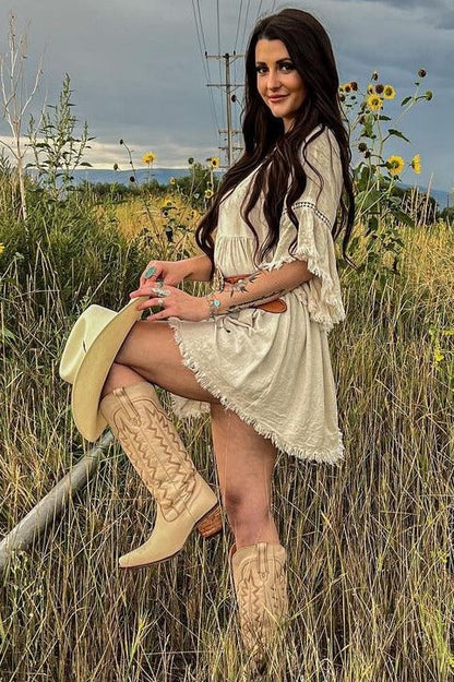 Beige Raw Edge Bell Sleeve Babydoll Dress