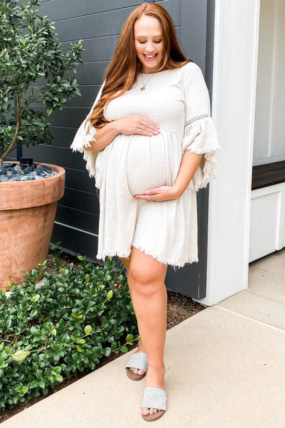 Beige Raw Edge Bell Sleeve Babydoll Maternity Dress