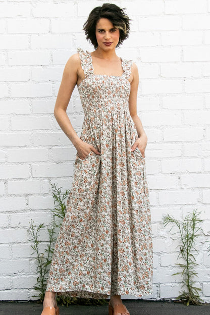 Beige Sleeveless Floral Smocked Ruffle Jumpsuit